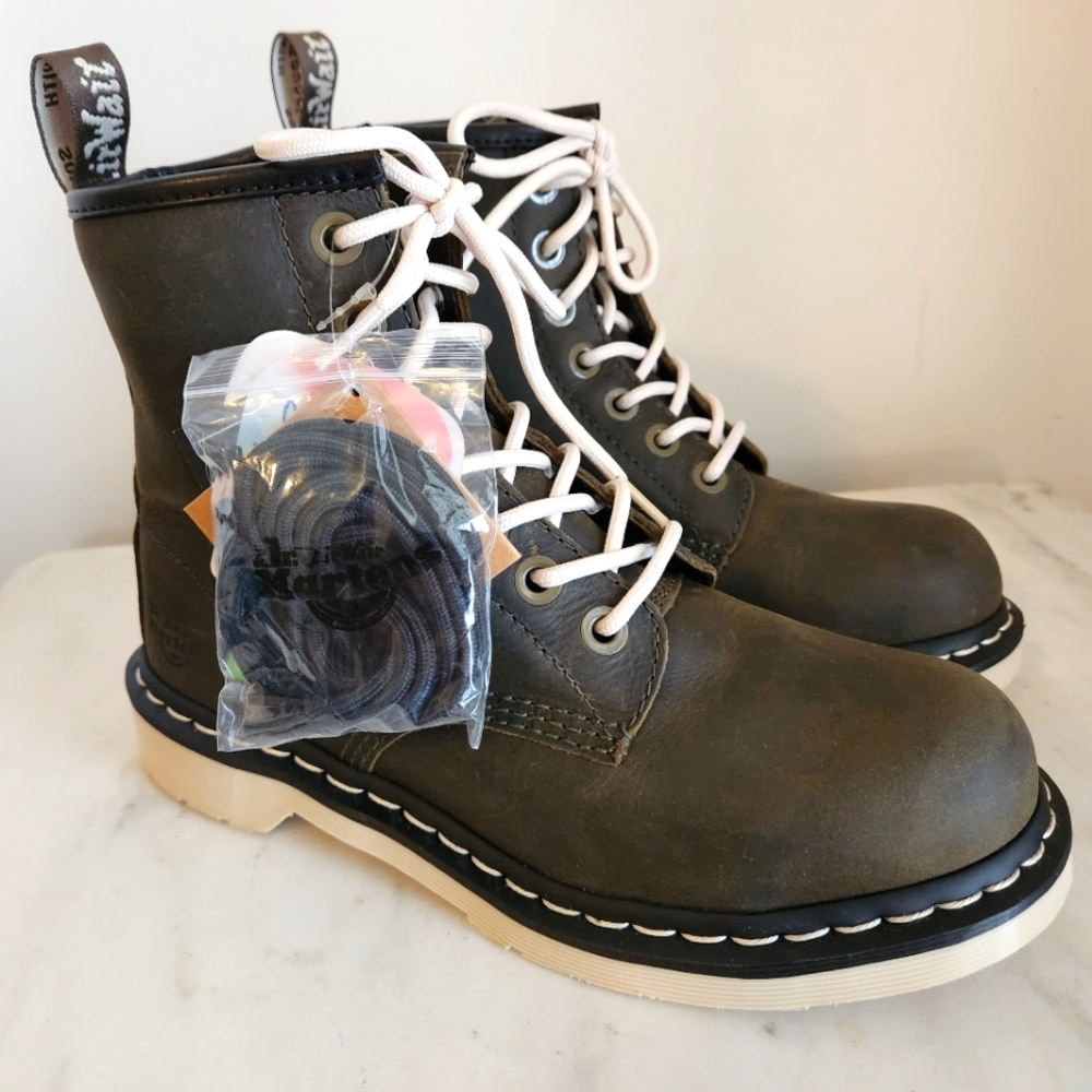 Brand New Dr. Martens Olive Army Green Leather Moto Combat Boots